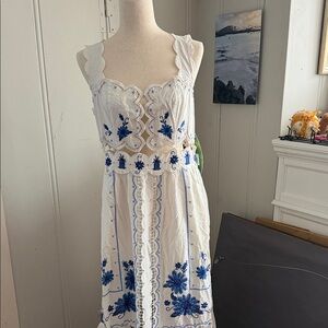 White Dress with Blue Embroidery - Women's Scallop Strap Midi Dress
